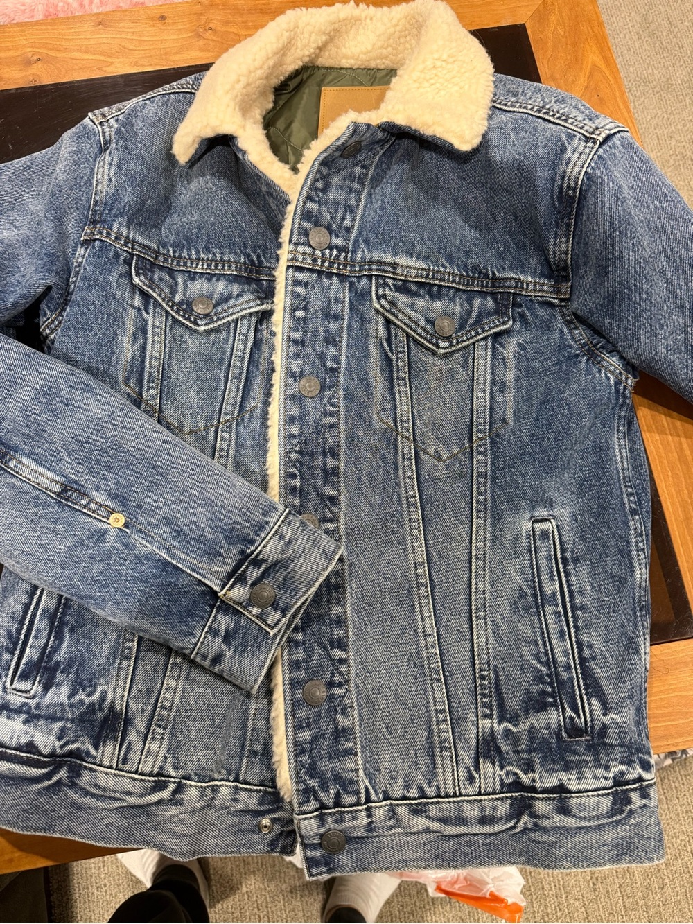American Eagle Outfitters Blue Denim Jacket with Cream Shearling Collar